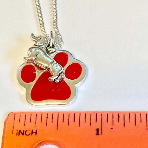 Dachshund Dog Paw Print Necklace Doxie 24" Chain Silver Plated Red Enamel - Picture 9 of 10